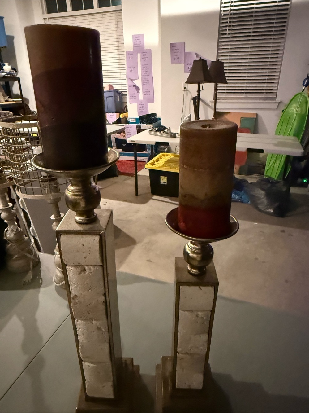 Unbranded Two-Piece Brown Pillar Candle Holders with Rustic Metallic Accents